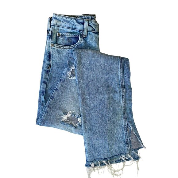 ZARA Womens Hi-Waist Split Hem Raw Hem Ripped Straight Leg Light Wash Jeans 4 - Picture 1 of 16